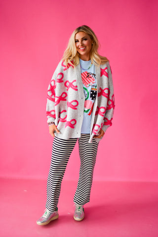Taryn Bow Cardigan in Grey/Hot Pink
