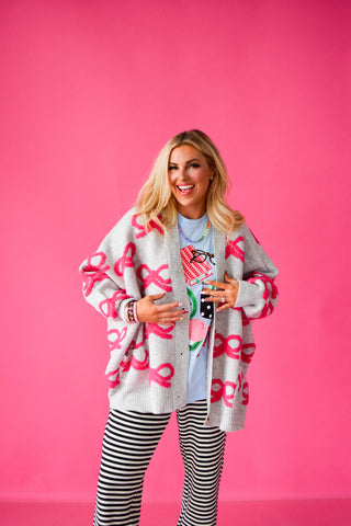Taryn Bow Cardigan in Grey/Hot Pink