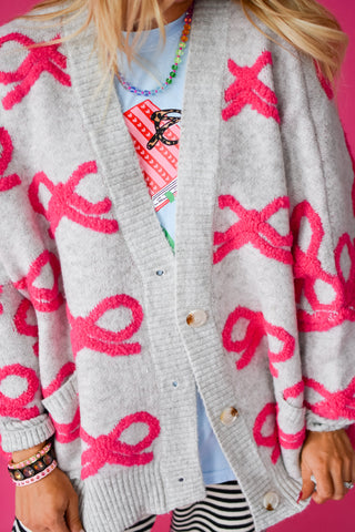 Taryn Bow Cardigan in Grey/Hot Pink