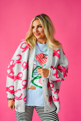 Taryn Bow Cardigan in Grey/Hot Pink