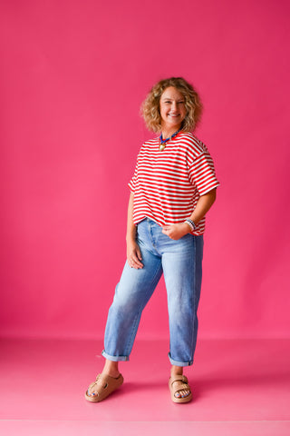 Whitley Stripe Boyfriend Tee in Red