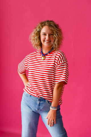 Whitley Stripe Boyfriend Tee in Red