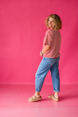 Whitley Stripe Boyfriend Tee in Red