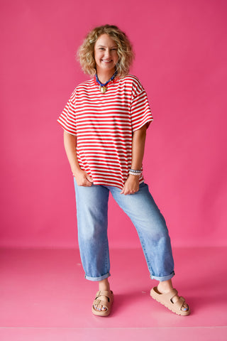 Whitley Stripe Boyfriend Tee in Red