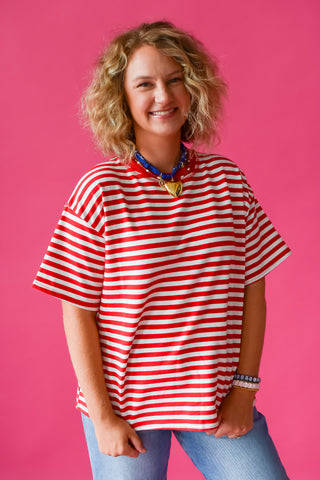 Whitley Stripe Boyfriend Tee in Red