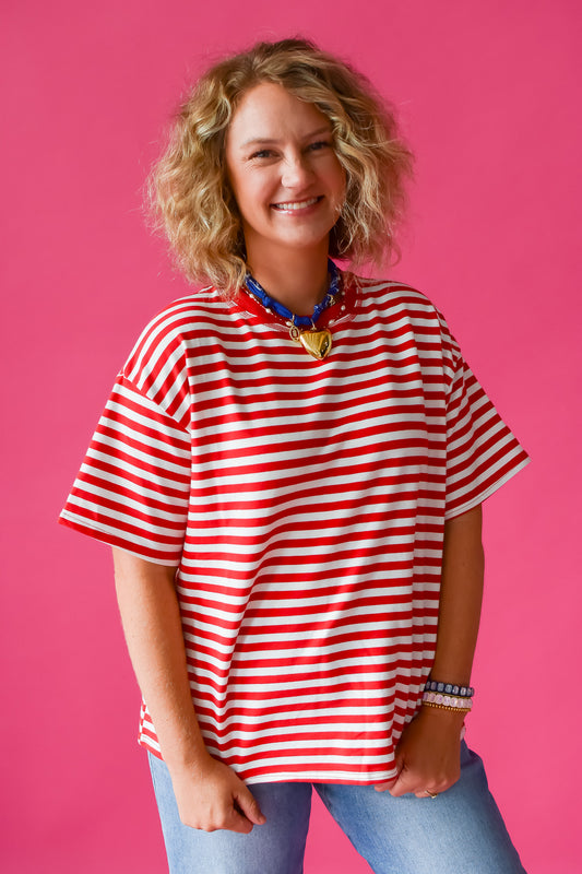 Whitley Stripe Boyfriend Tee in Red