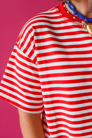 Whitley Stripe Boyfriend Tee in Red