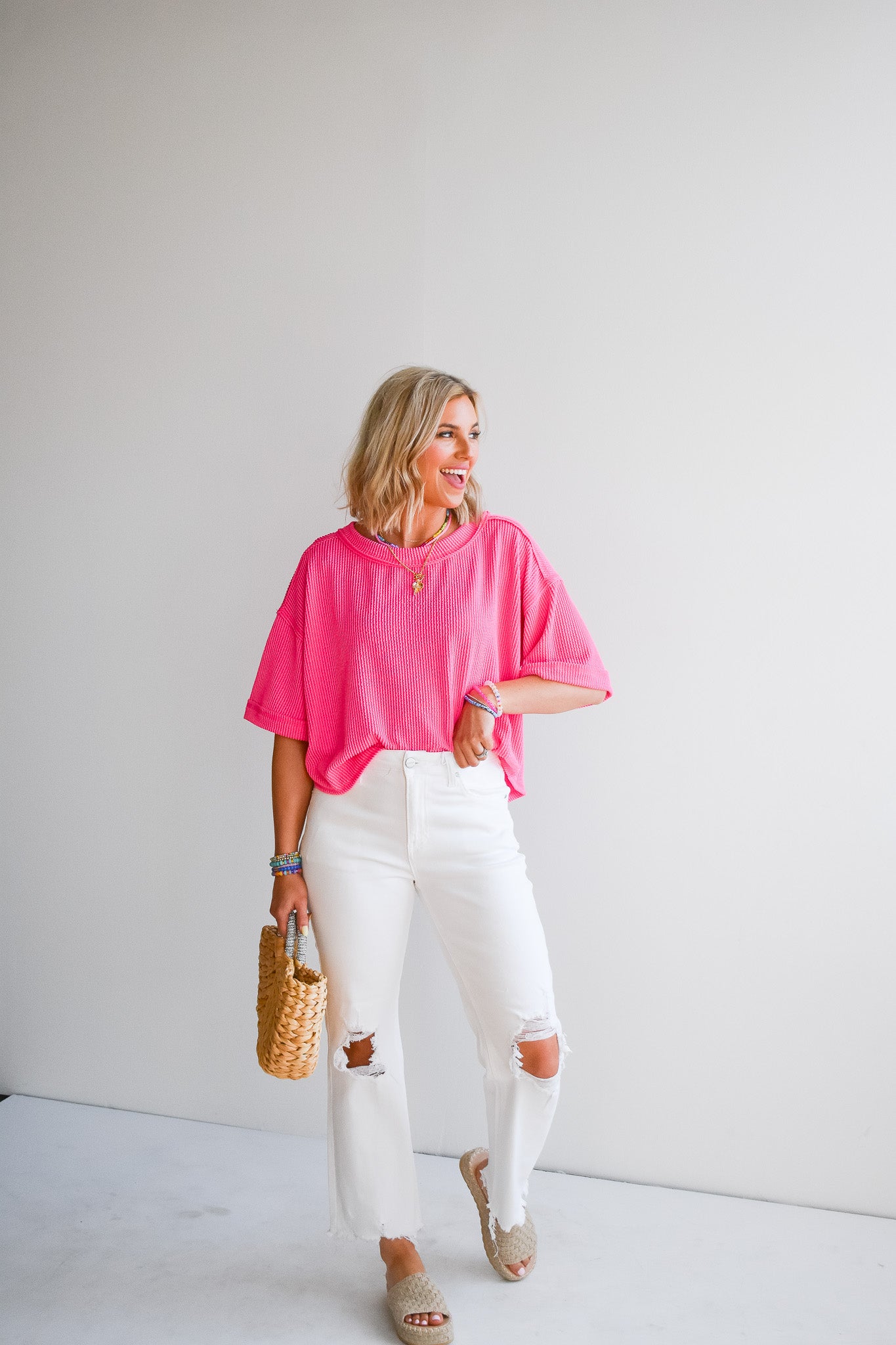 Kasie Ribbed Boxy Tee in Candy Pink