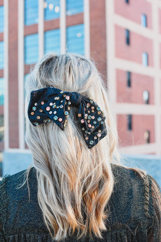Metallic Rhinestone Bow Clip - Black