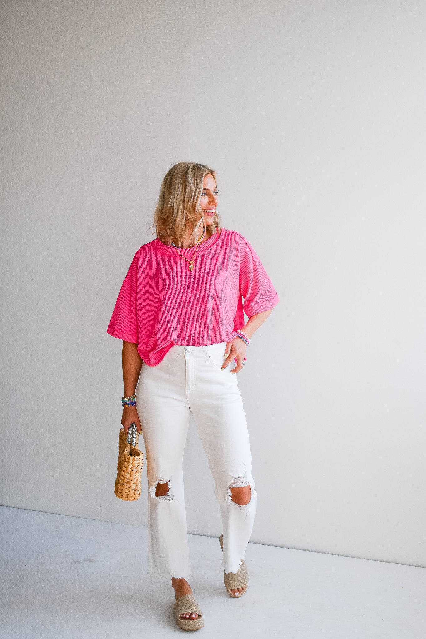 Kasie Ribbed Boxy Tee in Candy Pink
