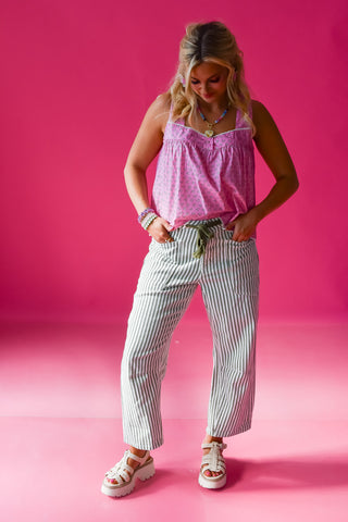 Mallory Olive Stripe Barrel Jeans