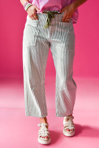 Mallory Olive Stripe Barrel Jeans