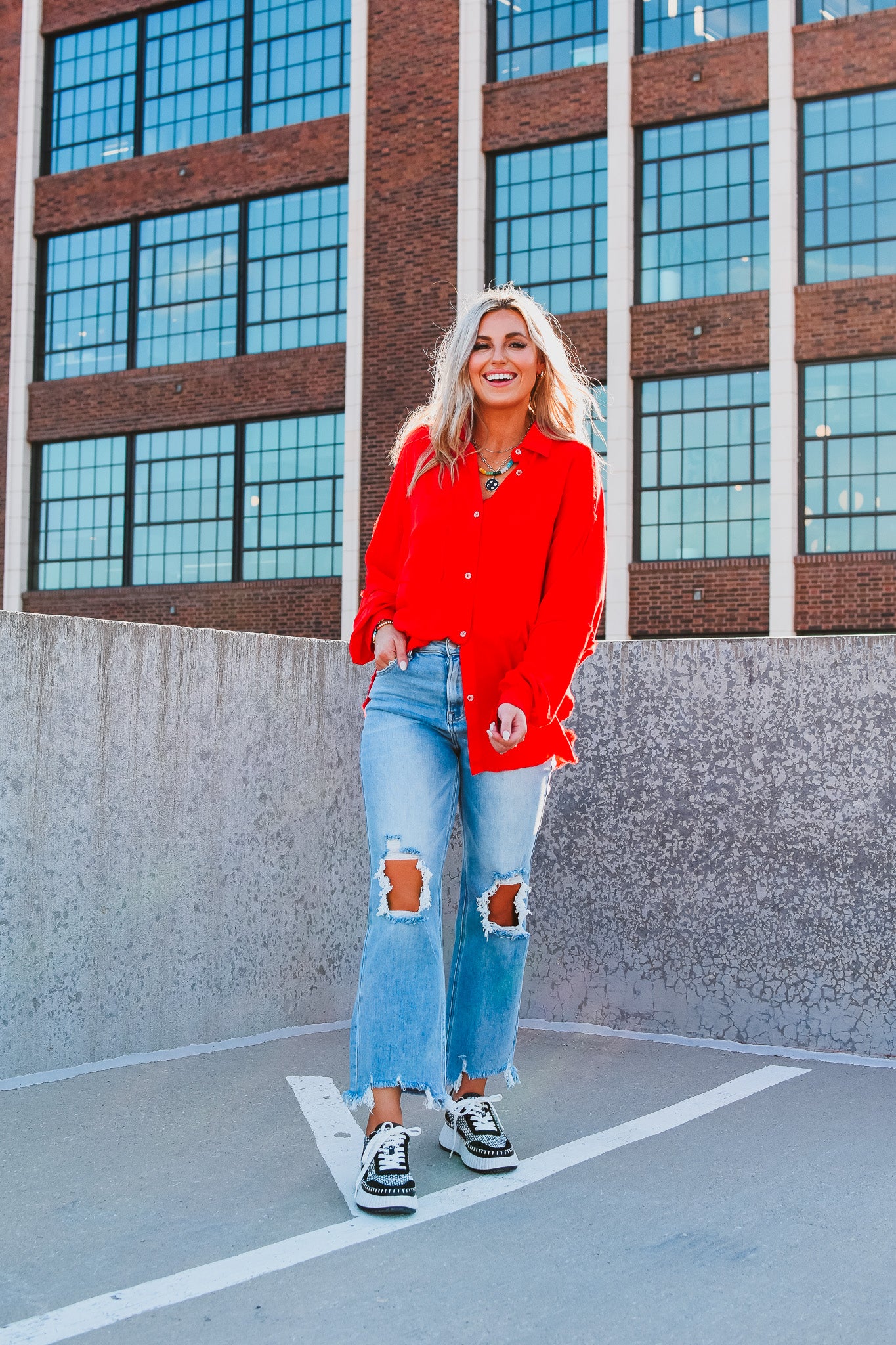 Delilah Button Down Shirt in Red - RESTOCK