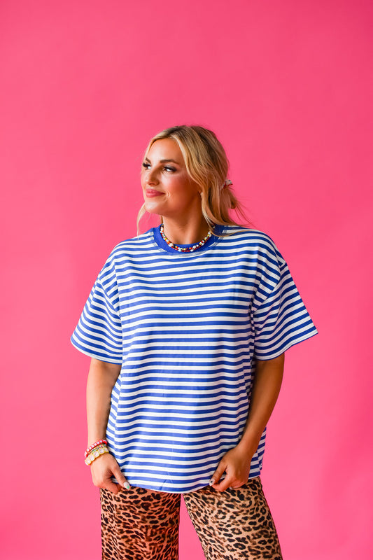 Whitley Stripe Boyfriend Tee in Blue