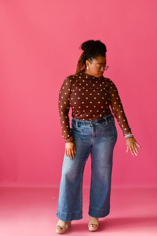 Holly Polka Dot Mesh Mock Neck in Chocolate