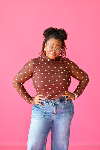 Holly Polka Dot Mesh Mock Neck in Chocolate