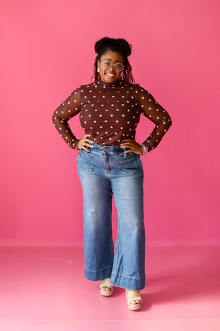 Holly Polka Dot Mesh Mock Neck in Chocolate