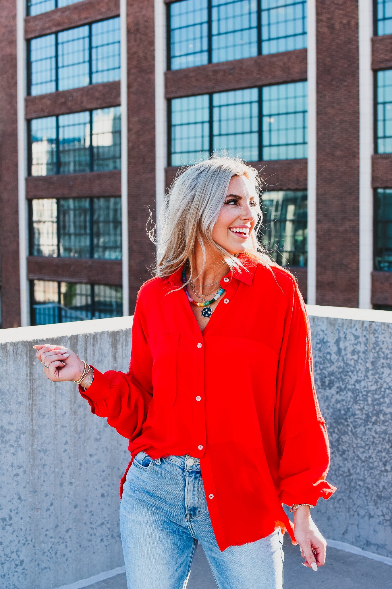 Delilah Button Down Shirt in Red - RESTOCK