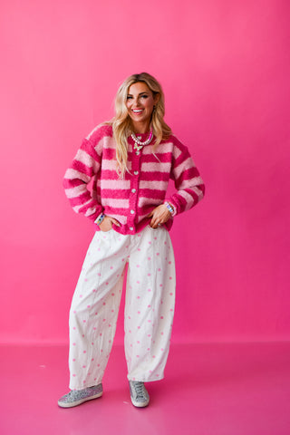 Natalie Brushed Striped Cardigan In Pink