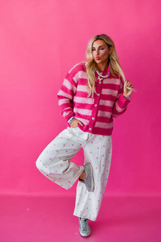 Natalie Brushed Striped Cardigan In Pink