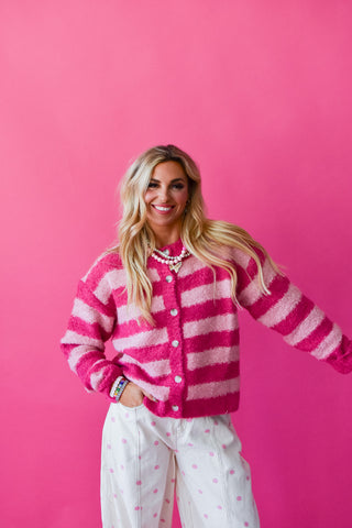 Natalie Brushed Striped Cardigan In Pink