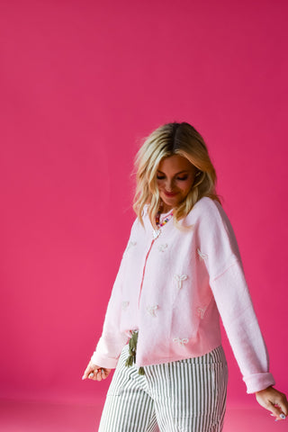 Piper Cardigan in Baby Pink with Pearl Bows