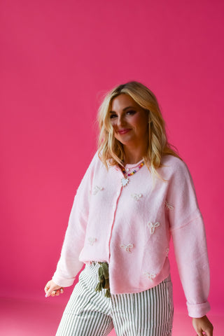 Piper Cardigan in Baby Pink with Pearl Bows