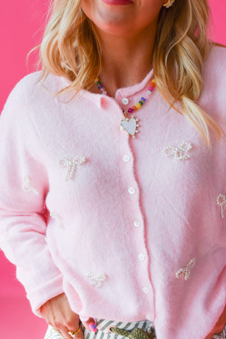 Piper Cardigan in Baby Pink with Pearl Bows