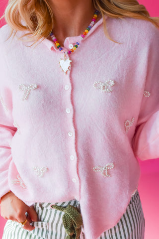 Piper Cardigan in Baby Pink with Pearl Bows
