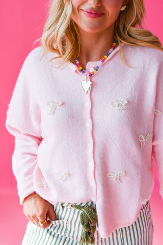 Piper Cardigan in Baby Pink with Pearl Bows