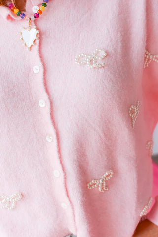 Piper Cardigan in Baby Pink with Pearl Bows