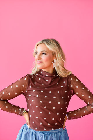 Holly Polka Dot Mesh Mock Neck in Chocolate