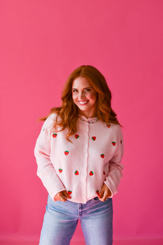 Piper Cardigan - Embroidered Pink Strawberry