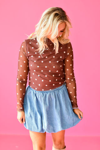 Holly Polka Dot Mesh Mock Neck in Chocolate