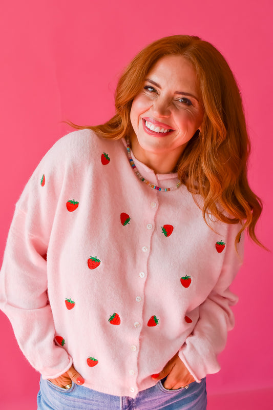 Piper Cardigan - Embroidered Pink Strawberry