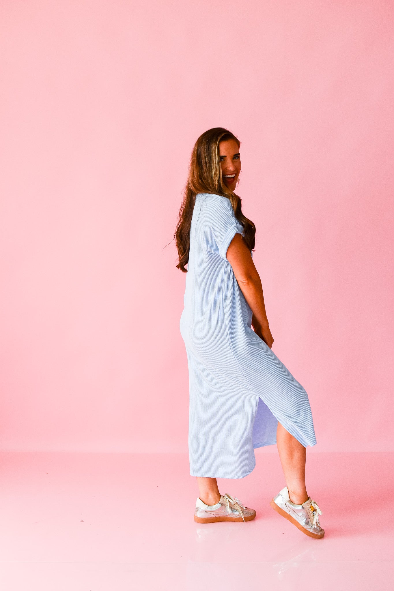 Kasie Midi Tee Shirt Dress in Powder Blue