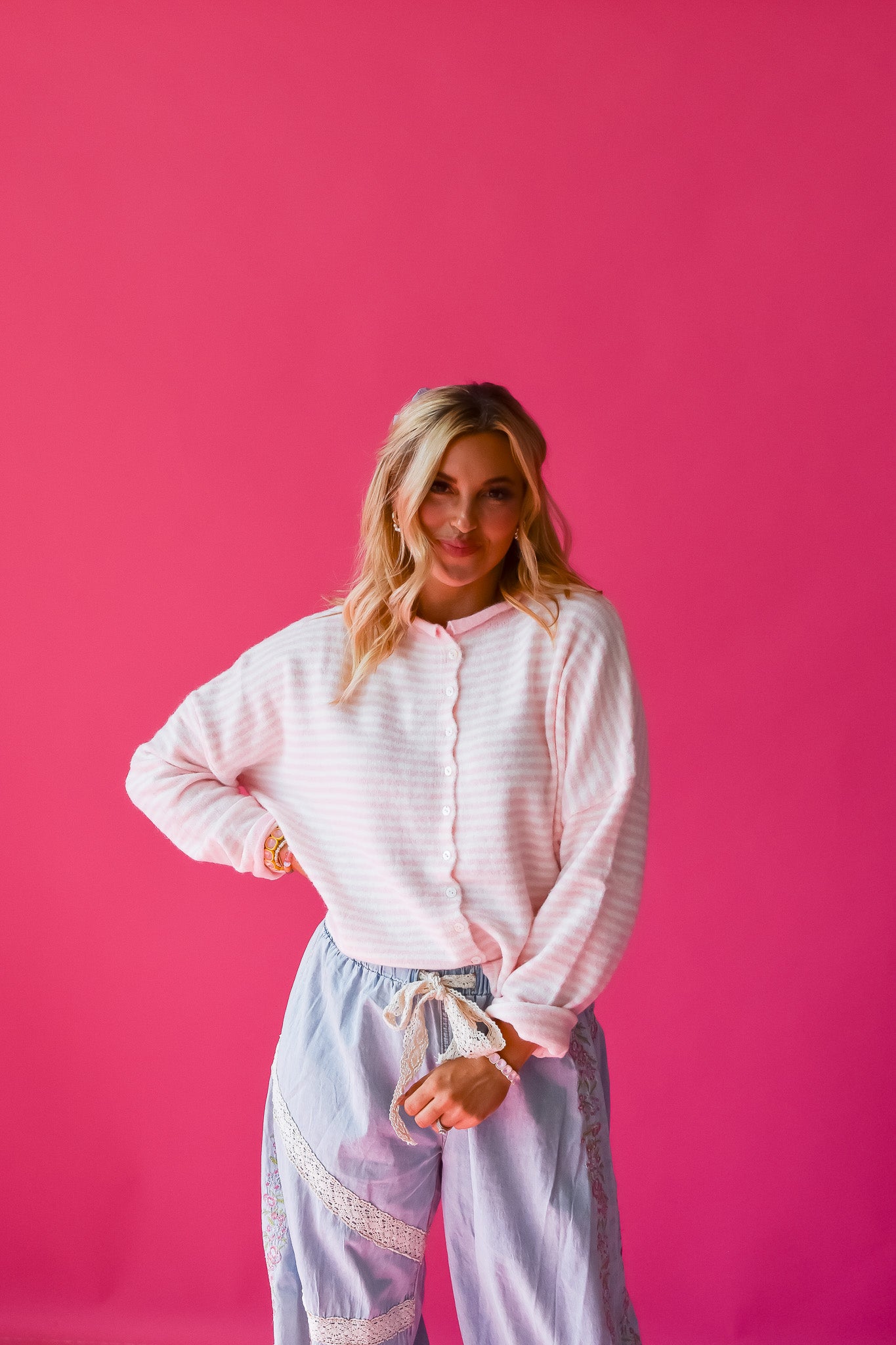 Piper Cardigan - Pink Mini Stripe