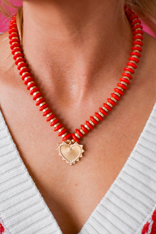 Anna Beaded Heart Necklace - Red
