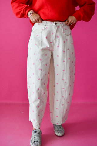 Gemma Polka Dot Barrel Jeans in Pink