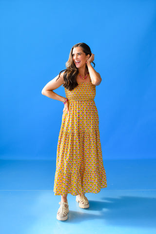 Rosemary Floral Nap Dress in Gold/Pink