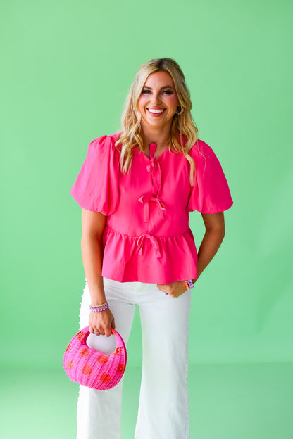 Sasha Bow Top in Hot Pink