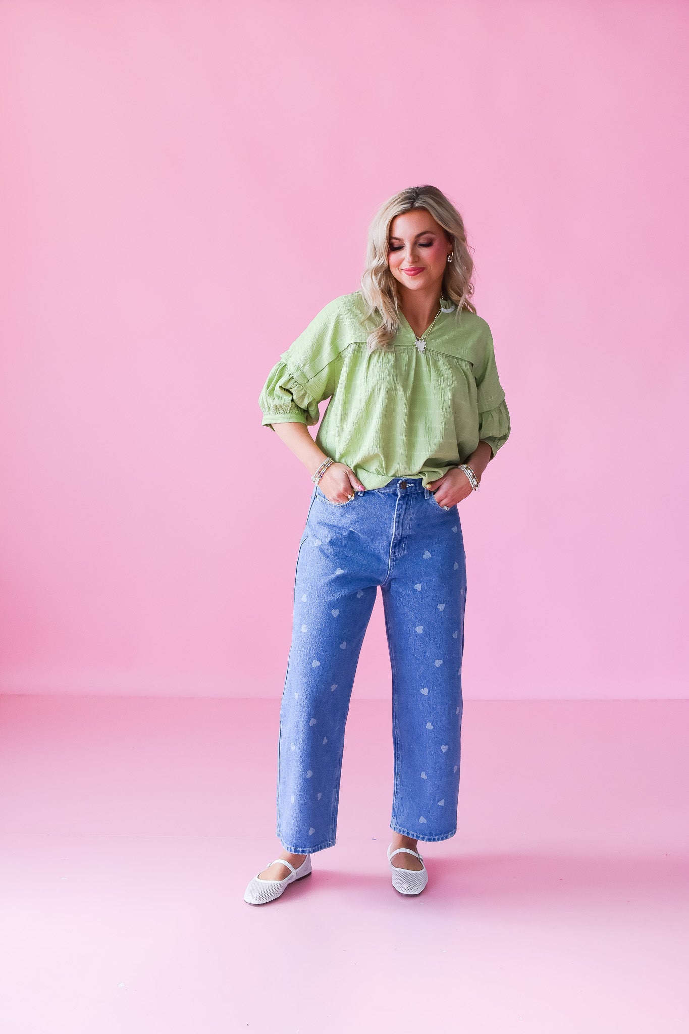 Victoria Heart Print Barrel Jeans