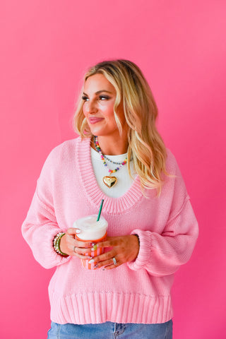 Tayla Scoop Neck Knit Sweater in Pink