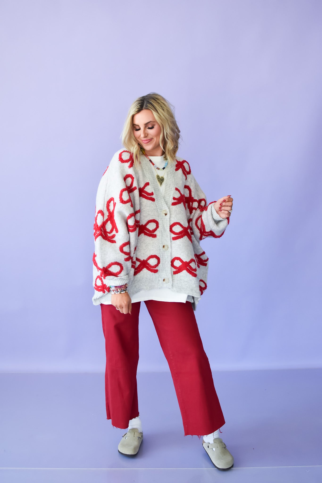 Taryn Bow Cardigan in Cream/Red