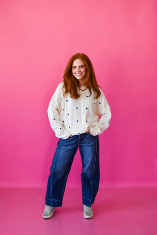 Piper Cardigan - Embroidered Heart In Royal Blue