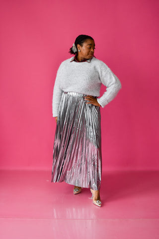 Sofie Metallic Pleated Midi Skirt in Silver