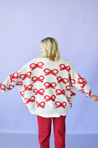 Taryn Bow Cardigan in Cream/Red