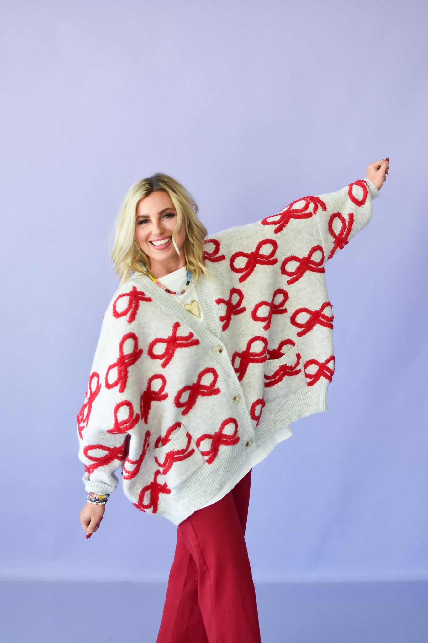 Taryn Bow Cardigan in Cream/Red