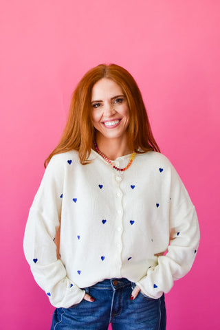 Piper Cardigan - Embroidered Heart In Royal Blue