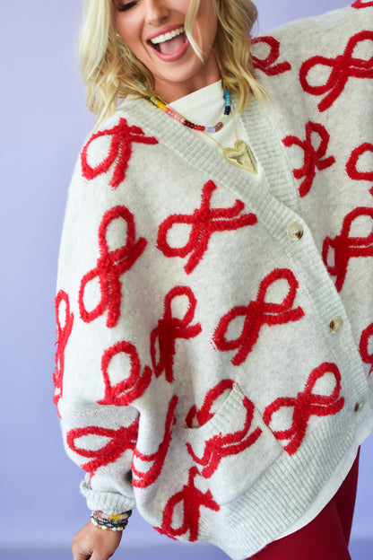 Taryn Bow Cardigan in Cream/Red